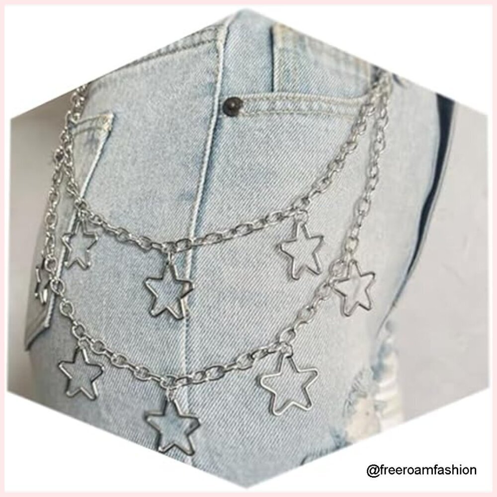 Y2K Star Pants Chain Alloy Silver Punk Biker Accessory Music Festival